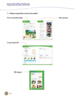 6
Organización del Texto
_seis
Por un mundo mejor Mi resumen
Lo que aprendí
Mis logros
3. Páginas especiales y cierre de unidad
 