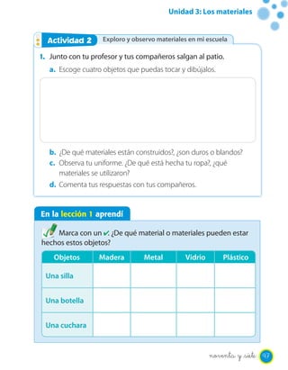 Unidad 3: Los materiales
En la lección 1 aprendí
Marca con un ✔. ¿De qué material o materiales pueden estar
hechos estos objetos?
Exploro y observo materiales en mi escuelaActividad 2Actividad 2
1. Junto con tu profesor y tus compañeros salgan al patio.
a. Escoge cuatro objetos que puedas tocar y dibújalos.
b. ¿De qué materiales están construidos?, ¿son duros o blandos?
c. Observa tu uniforme. ¿De qué está hecha tu ropa?, ¿qué
materiales se utilizaron?
d. Comenta tus respuestas con tus compañeros.
(((Foto)))
Objetos Madera Metal Vidrio Plástico
Una silla
Una botella
Una cuchara
97noventa y _siete
 