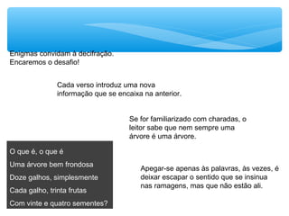 Enigmas convidam à decifração.
Encaremos o desafio!
Cada verso introduz uma nova
informação que se encaixa na anterior.
Se for familiarizado com charadas, o
leitor sabe que nem sempre uma
árvore é uma árvore.
Apegar-se apenas às palavras, às vezes, é
deixar escapar o sentido que se insinua
nas ramagens, mas que não estão ali.
O que é, o que é
Uma árvore bem frondosa
Doze galhos, simplesmente
Cada galho, trinta frutas
Com vinte e quatro sementes?
 