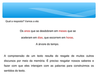 Qual a resposta? Vamos a ela:
Os anos que se desdobram em meses que se
aceleram em dias, que escorrem em horas.
A árvore do tempo.
A compreensão de um texto resulta do resgate de muitos outros
discursos por meio da memória. É preciso resgatar nossos saberes e
fazer com que eles interajam com as palavras para construirmos os
sentidos do texto.
 