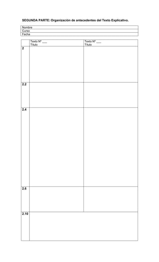 SEGUNDA PARTE: Organización de antecedentes del Texto Explicativo.

Nombre
Curso
Fecha

       Texto Nº ___                   Texto Nº ___
       Título                         Título
2




2.2




2.4




2.6




2.10
 
