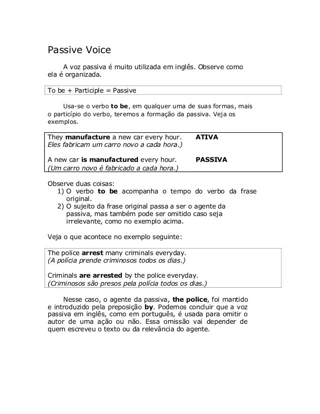 Passive Voice
A voz passiva é muito utilizada em inglês. Observe como
ela é organizada.
To be + Participle = Passive
Usa-s...