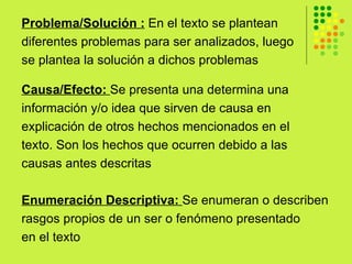 Problema/Solución :  En el texto se plantean  diferentes problemas para ser analizados, luego se plantea la solución a dichos problemas  Causa/Efecto:  Se presenta una determina una información y/o idea que sirven de causa en explicación de otros hechos mencionados en el  texto. Son los hechos que ocurren debido a las  causas antes descritas  Enumeración Descriptiva:  Se enumeran o describen  rasgos propios de un ser o fenómeno presentado  en el texto  