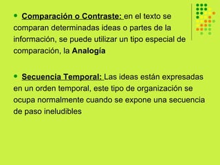 Comparación o Contraste:  en el texto se  comparan determinadas ideas o partes de la  información, se puede utilizar un tipo especial de  comparación, la  Analogía Secuencia Temporal:  Las ideas están expresadas en un orden temporal, este tipo de organización se ocupa normalmente cuando se expone una secuencia de paso ineludibles  