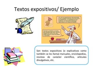 Textos expositivos/ Ejemplo Son textos expositivos (o explicativos como también se les llama) manuales, enciclopedias, revistas de carácter científico, artículos divulgativos, etc. 