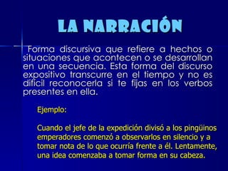 La narración Forma discursiva que refiere a hechos o situaciones que acontecen o se desarrollan en una secuencia. Esta forma del discurso expositivo transcurre en el tiempo y no es difícil reconocerla si te fijas en los verbos presentes en ella.   Ejemplo:  Cuando el jefe de la expedición divisó a los pingüinos emperadores comenzó a observarlos en silencio y a tomar nota de lo que ocurría frente a él. Lentamente, una idea comenzaba a tomar forma en su cabeza.  
