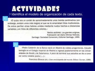 ACTIVIDADES Identifica el modelo de organización de cada texto. 1) 2) 