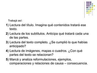 Trabajá así:
1) Lectura del título. Imagina qué contenidos tratará ese
   texto.
2) Lectura de los subtítulos. Anticipa qué tratará cada una
   de las partes.
3) Lectura del texto completo. ¿Se cumplió lo que habías
   anticipado?
4) Lectura de imágenes, mapas o cuadros. ¿Con qué
   partes del texto se relacionan?
5) Marcá y analiza reformulaciones, ejemplos,
   comparaciones y relaciones de causa – consecuencia.
 