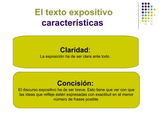 El texto expositivo
          características


                       Claridad:
            La exposición ha de ser clara ante todo.




                      Concisión:
El discurso expositivo ha de ser breve. Esto tiene que ver con que
las ideas que refleje estén expresadas con exactitud en el menor
                     número de frases posible.
 