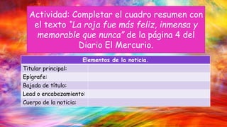 Elementos de la noticia.
Titular principal:
Epígrafe:
Bajada de título:
Lead o encabezamiento:
Cuerpo de la noticia:
Actividad: Completar el cuadro resumen con
el texto “La roja fue más feliz, inmensa y
memorable que nunca” de la página 4 del
Diario El Mercurio.
 
