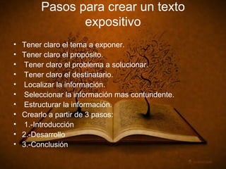 Pasos para crear un texto expositivo Tener claro el tema a exponer. Tener claro el propósito. Tener claro el problema a solucionar. Tener claro el destinatario. Localizar la información. Seleccionar la información mas contundente. Estructurar la información. Crearlo a partir de 3 pasos: 1.-Introducción 2.-Desarrollo 3.-Conclusión