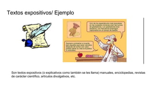 Textos expositivos/ Ejemplo
Son textos expositivos (o explicativos como también se les llama) manuales, enciclopedias, revistas
de carácter científico, artículos divulgativos, etc.
 