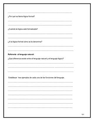 .............................................................................................................................
¿Por qué se llama lógica formal?
.............................................................................................................................
.............................................................................................................................
¿Cuándo la lógica está formalizada?
..............................................................................................................................
..............................................................................................................................
¿A la lógica formal cómo se le denomina?
................................................................................................................................
................................................................................................................................
Referente al lenguaje natural:
¿Qué diferencia existe entre el lenguaje natural y el lenguaje lógico?
................................................................................................................................
........................................................................................... .....................................
................................................................................................................................
Establecer tres ejemplos de cada una de las funciones del lenguaje.
...............................................................................................................................
...............................................................................................................................
..............................................................................................................................
..............................................................................................................................
..............................................................................................................................
...............................................................................................................................
..............................................................................................................................
101
 