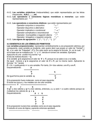 4.4.2. Las variables sintácticas (metavariables): que están representados por las letras
mayúsculas, A,B,C,.........etc
4.4.3. Los operadores o conectores lógicos monádicos o monarios: que están
representados por: “ ~ “
4.4.4. Los operadores o conectores diádicos: que están representados por:
Operador conjuntivo o conyuntivo “ ∧ “
Operador disyuntivo o alternativo “ ∨ “
Operador implicativo o condicional “ → “
Operador coimplicativo o bicondicional “ ↔ “
Operador incompatible o negación alterna “ / “
Operador binegativo o negación conjunta “ ↓ “
4.4.5. Los signos de agrupación: “( ) “, “ [ ] “, “ { } “
4.4 SEMÁNTICA DE LOS SÍMBOLOS PRIMITIVOS
Las variables proposicionales: representan simbólicamente a una proposición atómica, por
consiguiente, cada variable es bivalente, esto quiere decir que posee un valor de “Verdad” (
V) o un valor de “Falsedad” ( F ). Por esta razón se le asigna la fórmula 2n, en la cual, “2”
es la base que se multiplica por “ n “ y “n”, denota el número de variables. Ejemplos:
Ayacucho es una ciudad muy bonita = p
El día de mañana lloverá = q
A la variable p le asignamos el valor de V o F, porque no se sabe si es o no bella.
De igual manera a q le asignamos el valor de V o F, por la misma razón. Aplicando la
fórmula “ 2n “ tendré
P = 2n = sustituyendo n= a una variable. Por tanto, 2n= dos valores: una V y una F.
Esquematizando: p
------------------------
V q
F ........................
De igual forma para la variable q V
F
Si la proposición fuera molecular, como el caso siguiente:
El ácido es inocuo y los metales son de color amarillo
---------------------- Y ------------------------------------------
p y q
Si p= a dos valores y q = a dos valores, entonces, p y q será = a cuatro valores porque se
multiplican los valores de p x q
Esquematizando: p y q
----------------------------
V V
V F
F V
F F
Si la proposición tuviera tres variables como es el caso siguiente:
Si estudio el curso de lógica y aprendo entonces aprobaré.
--------------------------------- ------------ ----------------
115
 
