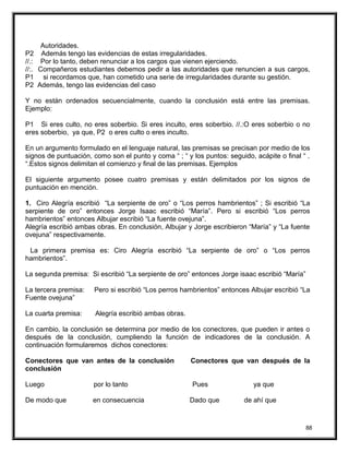 Autoridades.
P2 Además tengo las evidencias de estas irregularidades.
//.: Por lo tanto, deben renunciar a los cargos que vienen ejerciendo.
//:. Compañeros estudiantes debemos pedir a las autoridades que renuncien a sus cargos,
P1 si recordamos que, han cometido una serie de irregularidades durante su gestión.
P2 Además, tengo las evidencias del caso
Y no están ordenados secuencialmente, cuando la conclusión está entre las premisas.
Ejemplo:
P1 Si eres culto, no eres soberbio. Si eres inculto, eres soberbio. //.:O eres soberbio o no
eres soberbio, ya que, P2 o eres culto o eres inculto.
En un argumento formulado en el lenguaje natural, las premisas se precisan por medio de los
signos de puntuación, como son el punto y coma “ ; “ y los puntos: seguido, acápite o final “ .
“.Estos signos delimitan el comienzo y final de las premisas. Ejemplos
El siguiente argumento posee cuatro premisas y están delimitados por los signos de
puntuación en mención.
1. Ciro Alegría escribió “La serpiente de oro” o “Los perros hambrientos” ; Si escribió “La
serpiente de oro” entonces Jorge Isaac escribió “María”. Pero si escribió “Los perros
hambrientos” entonces Albujar escribió “La fuente ovejuna”.
Alegría escribió ambas obras. En conclusión, Albujar y Jorge escribieron “María” y “La fuente
ovejuna” respectivamente.
La primera premisa es: Ciro Alegría escribió “La serpiente de oro” o “Los perros
hambrientos”.
La segunda premisa: Si escribió “La serpiente de oro” entonces Jorge isaac escribió “María”
La tercera premisa: Pero si escribió “Los perros hambrientos” entonces Albujar escribió “La
Fuente ovejuna”
La cuarta premisa: Alegría escribió ambas obras.
En cambio, la conclusión se determina por medio de los conectores, que pueden ir antes o
después de la conclusión, cumpliendo la función de indicadores de la conclusión. A
continuación formularemos dichos conectores:
Conectores que van antes de la conclusión Conectores que van después de la
conclusión
Luego por lo tanto Pues ya que
De modo que en consecuencia Dado que de ahí que
88
 