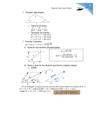 32
FISICA – 100Docente: Ing. Jesús Henry
Jiménez A
 Triangulo oblicuángulo:
α
β γ
a
bc
o Teorema de senos
𝑎
sin 𝛼
=
𝑏
sin 𝛽
=
𝑐
sin 𝛾
o Teoremas de cosenos
𝑎2
= 𝑏2
+ 𝑐2
− 2𝑏𝑐 cos 𝛼
𝑏2
= 𝑎2
+ 𝑐2
− 2𝑏𝑐 cos 𝛽
𝑐2
= 𝑎2
+ 𝑏2
− 2𝑏𝑐 cos 𝛾
 Formula Cuadrática
𝑎𝑥2
+ 𝑏𝑥 + 𝑐 = 0; 𝑥 =
−𝑏±√𝑏2
−4𝑎𝑐
2𝑎
c1. Suma de dos vectores perpendiculares
A
B
R
c2. Suma y resta de dos vectores que forman cualquier ángulo
 SUMA
A
B
R
α α
B
A
𝐸𝑛 𝑒𝑙 𝑡𝑟𝑖𝑎𝑛𝑔𝑢𝑙𝑜 𝑠𝑒 𝑎𝑝𝑙𝑖𝑐𝑎 𝑙𝑒𝑦 𝑑𝑒 𝑐𝑜𝑠𝑒𝑛𝑜𝑠 𝑝𝑎𝑟𝑎 𝑑𝑒𝑡𝑒𝑟𝑚𝑖𝑛𝑎𝑟 𝑒𝑙 𝑚𝑜𝑑𝑢𝑙𝑜 𝑑𝑒 𝑅 =?
𝑅2
= 𝐴2
+ 𝐵2
− 2𝐴𝐵 cos(180° − 𝛼) ; Como cos(180°− 𝛼) = − cos 𝛼
Luego 𝑅2
= 𝐴2
+ 𝐵2
− 2𝐴𝐵 cos(−𝛼) →
𝑅 = √ 𝐴2 + 𝐵2
tan 𝜃 =
𝐶𝑎𝑡. 𝑜𝑝𝑢𝑒𝑠𝑡𝑜
𝐶𝑎𝑡. 𝑎𝑑𝑦𝑎𝑐𝑒𝑛𝑡𝑒
=
𝐴
𝐵
𝑅 = √ 𝐴2 + 𝐵2 + 2𝐴𝐵 cos 𝛼
 