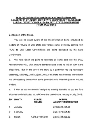 TEXT OF THE PRESS CONFERENCE ADDRESSED BY THE
     LEADERSHIP OF ALGON EKITI STATE DEBUNKING THE ALLEGED
      ILLEGAL DEDUCTION OF N1Bn BY EKITI STATE GOVERNMENT
                         FROM JAAC FUND



Gentlemen of the Press,

       You are no doubt aware of the mis-information being circulated by

leaders of NULGE in Ekiti State that various sums of money coming from

FAAC to Ekiti Local Governments are being deducted by the State

Government.

2.     We have taken the pains to reconcile all sums paid into the JAAC

Account from FAAC with amount distributed and found no iota of truth in the

allegations. But for the use of the story by a particular rag-tag newspaper

yesterday, Saturday, 25th August, 2012, I felt there was no need to be drawn

into unnecessary debate with some politicians who wear the garb of NULGE

leaders.

3.     I wish to set the records straight by making available to you the fund

allocated and distributed at JAAC over the period from January to July, 2012:

S/N MONTH                  NULGE                 ACTUAL
                           FIGURE             AMOUNT DISTRIBUTED

1      January              -                 2,483,321,461.55

2      February             -                 2,251,873,651.46

3      March           1,345,640,056.01       2,835,724,325.23
 