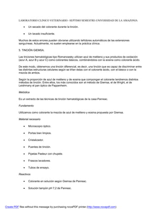 LABORATORIO CLINICO VETERINARIO –SEPTIMO SEMESTRE-UNIVERSIDAD DE LA AMAZONIA 
 Un secado del colorante durante la tinción. 
 Un lavado insuficiente. 
Muchos de estos errores pueden obviarse utilizando teñidores automáticos de las extensiones 
sanguíneas. Actualmente, no suelen emplearse en la práctica clínica. 
5. TINCIÓN GIEMSA. 
Las tinciones hematológicas tipo Romanowsky utilizan azul de metileno y sus productos de oxidación 
(azur A, azur B y azur C) como colorantes básicos, combinándolos con la eosina como colorante ácido. 
De este modo, obtenemos una tinción diferencial, es decir, una tinción que es capaz de discriminar entre 
las distintas estructuras celulares según se tiñan éstas con el colorante ácido, con el básico o con la 
mezcla de ambos. 
Según la proporción de azul de metileno y de eosina que compongan el colorante tendremos distintos 
métodos de tinción. Entre ellos, los más conocidos son el método de Giemsa, el de Wright, el de 
Leishmany el pan óptico de Pappenheim. 
Metódica 
Es un extracto de las técnicas de tinción hematológicas de la casa Panreac. 
Fundamento 
Utilizamos como colorante la mezcla de azul de metileno y eosina propuesta por Giemsa. 
Material necesario 
 Microscopio óptico. 
 Portas bien limpios. 
 Cristalizador. 
 Puentes de tinción. 
 Pipetas Pasteur con chupete. 
 Frascos lavadores. 
 Tubos de ensayo. 
Reactivos 
 Colorante en solución según Giemsa de Panreac. 
 Solución tampón pH 7,2 de Panreac. 
Create PDF files without this message by purchasing novaPDF printer (http://www.novapdf.com) 
 