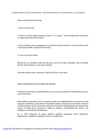 LABORATORIO CLINICO VETERINARIO –SEPTIMO SEMESTRE-UNIVERSIDAD DE LA AMAZONIA 
Técnica de coloración de Giemsa. 
1. Secar el frotis al aire 
2. Fijarlo en alcohol metilico absoluto durante 1 a 3 minutos. Si hay contaminación del alcohol 
con agua queda deficiente la fijación. 
3. Secar el frotis al aire y sumergirlo en la solución de colorante diluído ( 2 ml de colorante por 50 
ml de solución Buffer ) durante 20-45 minutos. 
4. Lavar con solución buffer. 
Además de los colorantes anteriores hay otros como el de May Gruenwald; May Gruenwald 
Giemsa; el de Leishman o el de Jenner Giemsa. 
Colorantes rápidos como: Hemacolor, Hemal, Diff Quik, Camco Quik. 
FROTIS SANGUÍNEO O EXTENDIDO DE SANGRE. 
El examen de un frotis de sangre periférica es uno de los procedimientos de laboratorio que dan 
mayor información. 
Enfermedades sanguíneas como la leucemia pueden ser diagnósticadas por examen de frotis 
sanguíneo; también se puede obtener información relativa al estado de los eritrocitos: Observar 
en ellos el tamaño, forma, reacción de coloración, inclusiones intracitoplasmáticas y presencia de 
núcleo; el estado de los leucocitos ( estado de madurez, anormalidades del núcleo y del 
citoplasma ) y el estado de las plaquetas. 
En un frotis sanguíneo se puede observan parasitos sanguíneos como aperitozoon, 
tripanosomas, anaplasmas, babesias, ehrlichia, microfilaria etc. 
Create PDF files without this message by purchasing novaPDF printer (http://www.novapdf.com) 
 