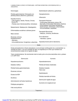 LABORATORIO CLINICO VETERINARIO –SEPTIMO SEMESTRE-UNIVERSIDAD DE LA 
AMAZONIA 
Hemorragias 
Pérdida gastrointestinal: Enteropatía con 
pérdida proteica (albúmina y globulinas) 
Hipoalbuminemia 
- Fallo hepático: Atrofia, Fibrosis, Cirrosis, 
Shunts PS 
- Pérdida renal: Glomérulonefritis, Amiloidosis 
Malasimilación: Malabsorción, Maladigestión, 
Enfermedades exudativas cutáneas graves 
Mala nutrición 
Efusiones crónicas, 
Hipoglobulinemia 
- Neonatos 
- Inmunodeficiencias: Congénitas o adquiridas 
Deshidratación (albúmina y globulinas) 
Hiperglobulinemia 
Inflamación 
Gamapatía Policlonal 
- Enfermedad inflamatoria crónica, PIF, 
Dermatitis, Enfermedad inflamatoria intestinal, 
Enfermedades infecciosas/ parasitarias 
(leishmaniosis, ehrlichiosis), enfermedades 
inmunomediadas, neoplasias 
Gamapatia Monoclonal 
- Mieloma., Ehrlichia, Diroflariosis 
Error laboratroio 
- Hemólisis, Lipemia 
Hiperalbuminemia (Error laboratorio) 
Sodio 
Existe principalmente en fluido extracelular y es el pricnipal contribuyente de su osmolaridad. La 
cantidad de sodio, y con él la cantidad de agua, es regulada por el riñón que mantiene sus 
concentraciones a pesar de la ingesta de agua. 
Tests complementarios: Se recomienda medir el sodio junto a los otros electrolitos cloro y potasio 
y un perfil renal 
Disminución Aumento 
Hipoadrenocorticismo 
Diabetes mellitus 
Pérdida fluidos gastrointestinales 
Efusiones crónicas 
Exceso de ADH 
Diuréticos 
Administración de fluidos hipotónicos 
Polidipsia psicogénica 
Fallo renal poliúrico 
Hiperaldosterenismo 
Pérdida de fluidos intestinales 
Diabetes Insípeda 
Fallo renal 
Deshidratación 
Pérdida insensible de fluidos 
Disminución ingesta de agua 
Aumento en la ingesta de sal 
Troponina I 
Create PDF files without this message by purchasing novaPDF printer (http://www.novapdf.com) 
 