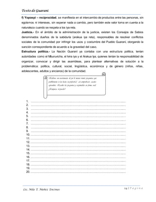 Texto de Guarani
14 | P á g i n a
Lic. Nila T. Núñez Encinas
f) Yopoepi – reciprocidad, se manifiesta en el intercambio de productos entre las personas, sin
egoísmos ni intereses, sin esperar nada a cambio, pero también este valor toma en cuenta a la
naturaleza cuando se respeta a los iya reta.
Justicia.- En el ámbito de la administración de la justicia, existen los Consejos de Sabios
denominados dueños de la sabiduría (arakua iya reta), responsables de resolver conflictos
sociales de la comunidad por infringir los usos y costumbre del Pueblo Guaraní, otorgando la
sanción correspondiente de acuerdo a la gravedad del caso.
Estructura política.- La Nación Guaraní ya contaba con una estructura política, tenían
autoridades como el Mburuvicha, el Ivira iya y el Arakua Iya, quienes tenían la responsabilidad de
organizar, convocar y dirigir las asambleas, para plantear alternativas de solución a la
problemática: política, cultural, social, lingüística, económica y de género (niños, niñas,
adolescentes, adultos y ancianos) de la comunidad.
1. ……………………………………………………………………………………..…
2. ……………………………………………………………………………………..…
3. ……………………………………………………………………………………..…
4. ……………………………………………………………………………………..…
5. ……………………………………………………………………………………..…
6. ……………………………………………………………………………………..…
7. ……………………………………………………………………………………..…
8. ……………………………………………………………………………………..…
9. ……………………………………………………………………………………..…
10. ……………………………………………………………………………………..…
11. ……………………………………………………………………………………..…
12. ……………………………………………………………………………………..…
13. ……………………………………………………………………………………..…
14. ……………………………………………………………………………………..…
15. ……………………………………………………………………………………..…
16. ……………………………………………………………………………………..…
17. ……………………………………………………………………………………..…
18. ……………………………………………………………………………………..…
19. ……………………………………………………………………………………..…
20. ……………………………………………………………………………………..…
Elabora un cuestionario de por lo menos viente preguntas que
posiblemente te las haría tu profesor(a), así comprobarás cuanto
aprendiste. Escribe las preguntas y respóndelas en forma oral.
¡Empieza tú puedes!
 