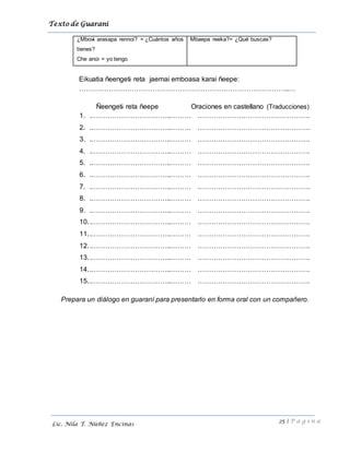 Texto de Guarani
25 | P á g i n a
Lic. Nila T. Núñez Encinas
¿Mbovi arasapa rennoi? = ¿Cuántos años
tienes?
Che anoi = yo tengo
Mbaepa reeka?= ¿Qué buscas?
Eikuatia ñeengeti reta jaemai emboasa karai ñeepe:
………………………………………………………………………………..…
Ñeengeti reta ñeepe Oraciones en castellano (Traducciones)
1. .……………………………..……… ………………………………………….
2. .……………………………..……… ………………………………………….
3. .……………………………..……… ………………………………………….
4. .……………………………..……… ………………………………………….
5. .……………………………..……… ………………………………………….
6. .……………………………..……… ………………………………………….
7. .……………………………..……… ………………………………………….
8. .……………………………..……… ………………………………………….
9. .……………………………..……… ………………………………………….
10..……………………………..……… ………………………………………….
11..……………………………..……… ………………………………………….
12..……………………………..……… ………………………………………….
13..……………………………..……… ………………………………………….
14..……………………………..……… ………………………………………….
15..……………………………..……… ………………………………………….
Prepara un diálogo en guaraní para presentarlo en forma oral con un compañero.
 
