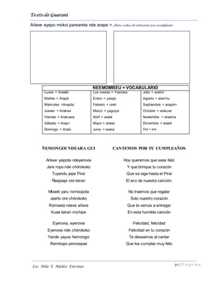 Texto de Guarani
30 | P á g i n a
Lic. Nila T. Núñez Encinas
Añave eyapo mokoi pareareta nde arape = Ahora realiza dos invitaciones para tu cumpleaños
ÑEMONGOI NDEARA GUI CANTEMOS POR TU CUMPLEAÑOS
Añave yaipota ndeyerovia
Jare ropo nde chörokoko
Tuyendu jepe Piraí
Ñeejoapi ore tairari
Mbaeti yaru rombopota
Jaeño ore chörokoko
Romeeta ndeve añave
Kuae tairari michipe
Eyerovia, eyerovia
Eyerovia nde chörokoko
Yande yayue ñemongoi
Rembopo yeroviayae
Hoy queremos que seas feliz
Y que brinque tu corazón
Que se oiga hasta el Piraí
El eco de nuestra canción.
No traemos que regalar
Solo nuestro corazón
Que te vamos a entregar
En esta humilde canción
Felicidad, felicidad
Felicidad en tu corazón
Te deseamos al cantar
Que los cumplas muy feliz
ÑEEMOMBEU = VOCABULARIO
Lunes = Araviki
Martes = Arapá
Miércoles =Arapöa
Jueves = Arakavi
Viernes = Arakuera
Sábado = Arap+
Domingo = Aratú
Los meses = Yasireta
Enero = yasipi
Febrero = oreti
Marzo = yaguiye
Abril = araivi
Mayo = araivo
Junio = araroi
Julio = aratini
Agosto = arav+tu
Septiembre = arapot+
Octubre = arakuvo
Noviembre = araäma
Diciembre = araeti
Día = ara
 