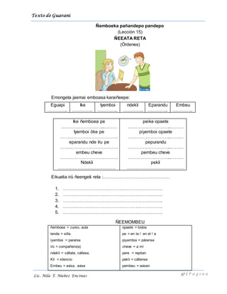 Texto de Guarani
37 | P á g i n a
Lic. Nila T. Núñez Encinas
Ñemboeka pañandepo pandepo
(Lección 15)
ÑEEATA RETA
(Órdenes)
Emongeta jaemai emboasa karaiñeepe:
Eguapi
…………..
Ike
…………..
Iyemboi
…………..
ndekïi
…………..
Eparandu
…………..
Embeu
…………..
Ike ñemboea pe
………………………..………
Iyemboi öke pe
…………………………………
eparandu nde ïru pe
…………………………………
embeu cheve
…………………………………
Ndekïi
…………………………………
peike opaete
………………………..………
piyemboi opaete
………………………..………
pepurandu
………………………..………
pembeu cheve
………………………..………
pekïi
…………………………………
Eikuatia irü ñeengeti reta :………………………………………
1. ………………………………………………………….
2. ………………………………………………………….
3. ………………………………………………………….
4. ………………………………………………………….
5. ………………………………………………………….
ÑEEMOMBEU
ñemboea = curso, aula
tenda = silla
iyemboi = pararse
irü = compañero(a)
ndekïi = cállate, cállese.
Kïi = silencio
Embeu = avisa, avise
opaete = todos
pe = en la / en el / a
piyemboi = párense
cheve = a mí
pere = repitan
pekïi = cállense
pembeu = avisen
 