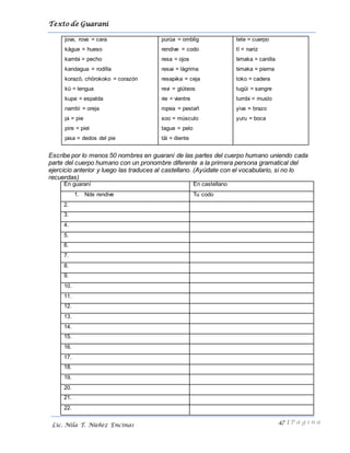 Texto de Guarani
47 | P á g i n a
Lic. Nila T. Núñez Encinas
jova, rova = cara
kägue = hueso
kambi = pecho
kandagua = rodilla
korazö, chörokoko = corazón
kü = lengua
kupe = espalda
nambí = oreja
pi = pie
pire = piel
pisa = dedos del pie
purúa = omblig
rendive = codo
resa = ojos
resai = lágrima
resapika = ceja
revi = glúteos
rie = vientre
ropea = pestañ
soo = músculo
tague = pelo
täi = diente
tete = cuerpo
tï = nariz
timaka = canilla
timaka = pierna
toko = cadera
tugüi = sangre
tumbi = muslo
yiva = brazo
yuru = boca
Escribe por lo menos 50 nombres en guaraní de las partes del cuerpo humano uniendo cada
parte del cuerpo humano con un pronombre diferente a la primera persona gramatical del
ejercicio anterior y luego las traduces al castellano. (Ayúdate con el vocabulario, si no lo
recuerdas)
En guaraní En castellano
1. Nde rendive Tu codo
2.
3.
4.
5.
6.
7.
8.
9.
10.
11.
12.
13.
14.
15.
16.
17.
18.
19.
20.
21.
22.
 