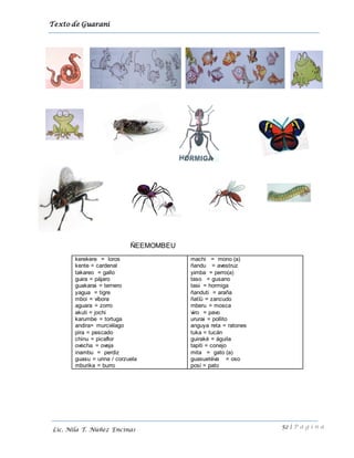 Texto de Guarani
52 | P á g i n a
Lic. Nila T. Núñez Encinas
ÑEEMOMBEU
kerekere = loros
kente = cardenal
takareo = gallo
guira = pájaro
guakarai = ternero
yagua = tigre
mboi = víbora
aguara = zorro
akuti = jochi
karumbe = tortuga
andira= murciélago
pira = pescado
chinu = picaflor
ovecha = oveja
inambu = perdiz
guasu = urina / corzuela
mburika = burro
machi = mono (a)
ñandu = avestruz
yimba = perro(a)
taso = gusano
tasi = hormiga
ñanduti = araña
ñatïü = zancudo
mberu = mosca
viro = pavo
ururai = pollito
anguya reta = ratones
tuka = tucán
guiraké = águila
tapiti = conejo
mita = gato (a)
guasuetéva = oso
posi = pato
 