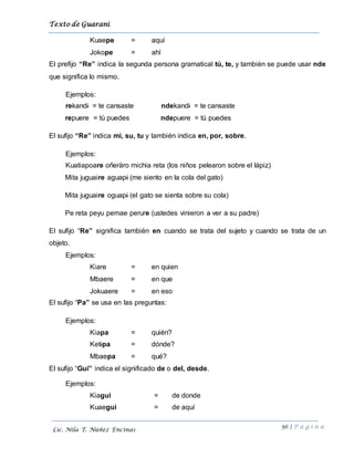 Texto de Guarani
56 | P á g i n a
Lic. Nila T. Núñez Encinas
Kuaepe = aquí
Jokope = ahí
El prefijo “Re” indica la segunda persona gramatical tú, te, y también se puede usar nde
que significa lo mismo.
Ejemplos:
rekandi = te cansaste ndekandi = te cansaste
repuere = tú puedes ndepuere = tú puedes
El sufijo “Re” indica mi, su, tu y también indica en, por, sobre.
Ejemplos:
Kuatiapoare oñeräro michia reta (los niños pelearon sobre el lápiz)
Mita juguaire aguapi (me siento en la cola del gato)
Mita juguaire oguapi (el gato se sienta sobre su cola)
Pe reta peyu pemae perure (ustedes vinieron a ver a su padre)
El sufijo “Re” significa también en cuando se trata del sujeto y cuando se trata de un
objeto.
Ejemplos:
Kiare = en quien
Mbaere = en que
Jokuaere = en eso
El sufijo “Pa” se usa en las preguntas:
Ejemplos:
Kiapa = quién?
Ketipa = dónde?
Mbaepa = qué?
El sufijo “Gui” indica el significado de o del, desde.
Ejemplos:
Kiagui = de donde
Kuaegui = de aquí
 