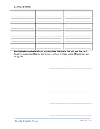 Texto de Guarani
70 | P á g i n a
Lic. Nila T. Núñez Encinas
…………………………………………………
……………………….……………………….
……………………….……………………………
…………………………………………….………
………………………………………………………
………………….…………………………………..
…………………………………………………
……………………….……………………….
……………………….……………………………
…………………………………………….………
………………………………………………………
………………….…………………………………..
…………………………………………………
……………………….……………………….
……………………….……………………………
…………………………………………….………
………………………………………………………
………………….…………………………………..
…………………………………………………
……………………….……………………….
……………………….……………………………
…………………………………………….………
………………………………………………………
………………….…………………………………..
…………………………………………………
……………………….……………………….
……………………….……………………………
…………………………………………….………
………………………………………………………
………………….…………………………………..
…………………………………………………
……………………….……………………….
……………………….……………………………
…………………………………………….………
………………………………………………………
………………….…………………………………..
Mopüapoa ñeengetireta reiporu tee poepireta, ñeëpireta, ñee yipi jare ñee yapi
Construye oraciones utilizando pronombres, verbos, prefijosy sufijos. Relacionalas con
las figuras
……………………………………………………….
……………………………………………………….
……………………………………………………….
……………………………………………………….
……………………………………………………….
 