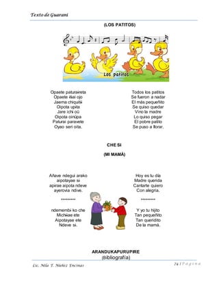 Texto de Guarani
74 | P á g i n a
Lic. Nila T. Núñez Encinas
(LOS PATITOS)
CHE SI
(MI MAMÁ)
ARANDUKAPURUPIRE
(Bibliografía)
Opaete paturaireta
Opaete itiai ojo
Jaema chiquitii
Oipota upita
Jare ichi oü
Oipota oinüpa
Paturai paravete
Oyao seri oita.
Todos los patitos
Se fueron a nadar
El más pequeñito
Se quiso quedar
Vino la madre
Lo quiso pegar
El pobre patito
Se puso a llorar.
Añave ndegui arako
aipotayae si
apirae aipota ndeve
ayerovia ndive.
*********
ndemembi ko che
Michiiae ete
Aipotayae ete
Ndeve si.
Hoy es tu día
Madre querida
Cantarte quiero
Con alegria.
*********
Y yo tu hijito
Tan pequeñito
Tan queridito
De la mamá.
 