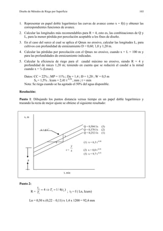Diseño de Métodos de Riego por Superficie 103
1. Representar en papel doble logarítmico las curvas de avance como x = f(t) y obtener las
correspondientes funciones de avance.
2. Calcular las longitudes más recomendables para R = 4, esto es, las combinaciones de Q y
L, para la menor pérdida por percolación aceptable a los fines de diseño.
3. En el caso del surco al cual se aplica el Qmax no erosivo, calcular las longitudes L, para
cultivos con profundidad de enraizamiento D = 0,60; 1,0 y 1,20 m.
4. Calcular las pérdidas por percolación con el Qmax no erosivo, cuando x = L = 100 m y
para las profundidades de enraizamiento indicadas.
5. Calcular la eficiencia de riego para el caudal máximo no erosivo, siendo R = 4 y
profundidad de raíces 1,20 m; teniendo en cuenta que se reducirá el caudal a la mitad
cuando x = ¾ (Lmax).
Datos: CC = 22% ; MP = 11% ; Da = 1,4 ; D = 1,20 ; W = 0,5 m
So = 1,5% . Icum = 2,41 t 0,59
, mm ; t = min
Nota: Se riega cuando se ha agotado el 50% del agua disponible.
Resolución:
Punto 1: Dibujando los puntos distancia versus tiempo en un papel doble logarítmico y
trazando la recta de mejor ajuste se obtiene el siguiente resultado:
x, m
Q = 0,504 l/s (3)
x = p t r
Q = 0,378 l/s (2)
Q = 0,252 l/s (1)
y
x (1) x = 6,3 t 0,50
r = x
y
(2) x = 8,0 t 0,54
(3) x = 9,7 t 0,55
p
t, min
Punto 2:
R =
)(4/14 21
1
2
tT
T
t

; t2 = f ( Ln, Icum)
Ln = 0,50 x (0,22 – 0,11) x 1,4 x 1200 = 92,4 mm
 