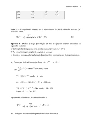 Ingeniería Agrícola 118
25,0 O,7 0,20 0,70
37,5 0,65 0,25 0,65
50,0 0,60
Caso 2: Si la longitud está impuesta por el parcelamiento del predio, el caudal reducido Qw´
se calcula como:
Qw´=  xCIxCnEfa
Qw
 11 ; Qw´ < Qw 6.8
Ejercicio 6.4 Diseñar el riego por melgas, en base al ejercicio anterior, analizando las
siguientes variantes:
a) La longitud está impuesta por las condiciones del proyecto; L = 250 m
b) No existe límite para ampliar la longitud de la melga
c) En ambos casos calcular la eficiencia de aplicación y compararla con el ejercicio anterior.
a) De acuerdo al ejercicio anterior, I cum = 4,1 t 0,65
; n = 0,15
VI =
  minmin;/665,21,4 35,065,0
 
tmmtt
dt
d
VI = 159,9 t – 0,35
mm/hr ; t = min
tb = – 10 b = – 10 (– 0,35) = 3,5 hr = 210 min
VIb = 159,9 (210)–0,35
= 24,6 mm/hr ; CI = 0,70
Para n = 0,15 ; Cn = 0,75
Aplicando la ecuación 6.8, el caudal se reduce a:
 
msl
xx
Qw //2,4
75,070,070,011
85,4
´ 


b) La longitud adicional de melga se calcula con la ecuación 6.7.
 