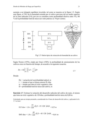 Diseño de Métodos de Riego por Superficie 21
asemeja a un triángulo equilátero invertido, tal como se muestra en la figura 1.5. Según
esta figura, el 70% de la humedad extraída por el cultivo proviene del un medio superior
de la zona radicular (2/4); por eso se considera como profundidad efectiva entre 70 y 80
% de la profundidad total de raíces (un valor práctico es 70 por ciento).
D/4 40 %
D/4 30 %
D
D/4 20 %
D/4 10 %
Fig 1.5 Patrón típico de extracción de humedad de un cultivo
Según Norero (1976), citado por Graci (1985), la profundidad de enraizamiento de los
cultivos crece en función del tiempo, de acuerdo a la siguiente ecuación.
xD
tc
t
tc
t
Dx 











 5,18,1
1.7
Donde:
Dx = variación de la profundidad radical, m
t = tiempo al que se desea conocer D, días
tc = tiempo que dura el ciclo vegetativo, días
D = profundidad total de raíces del cultivo, m
Ejercicio 1.7. Estimar la variación del desarrollo radicular del cultivo de maíz, el mismo
que tiene un ciclo vegetativo de 120 días y profundidad total de raíces de 0,80 m.
Calculando para un tiempo promedio, considerando las 4 fases de desarrollo del cultivo, y aplicando la Ec
1.7 se tiene:
D15 días = 1,8 x
 8,0120/155,1
120
15
xx 
= 0,25 m
D45 días = 1,8 x
 8,0120/455,1
120
45
xx 
= 0,61 m
 