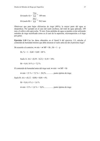 Diseño de Métodos de Riego por Superficie 27
Lb (suelo A) =

4,0
6,75
189 mm
Lb (suelo B) =

4,0
2,20
50,5 mm
Obsérvese que para bajas eficiencias de riego (40%), la mayor parte del agua se
desperdicia. Por ejemplo en el caso del suelo arcilloso, del total de agua aplicado, 189
mm, el cultivo sólo aprovecha 76 mm. Estas pérdidas de agua se pueden evitar utilizando
métodos de riego tecnificado como es el caso de la aspersión, microaspersión o el riego
por goteo.
Ejercicio 1.10 Con los datos obtenidos en el literal b del ejercicio 1.9, calcular el
contenido de humedad mínimo que debe alcanzar el suelo antes de dar el próximo riego?
De acuerdo a lo anterior,  mín =  MP + Hr ; Hr = 1 – p
Hr, % = 1 – 0,60 = 0,40 = 40 %
Suelo A: AA = (0,39 – 0,21) = 0,18 = 18%
Hr = 0,4 ( 18 % ) = 7,2 %
El contenido de humedad antes del riego será:  mín =  MP + Hr
 mín = 21 % + 7,2 % = 28,2% .............. punto óptimo de riego
Suelo B: AA = (0,12 – 0,08) = 0,04 = 4%
Hr = 0,4 ( 4 % ) = 1,6 %
 mín = 8 % + 1,6 % = 9,6% .................. punto óptimo de riego
 