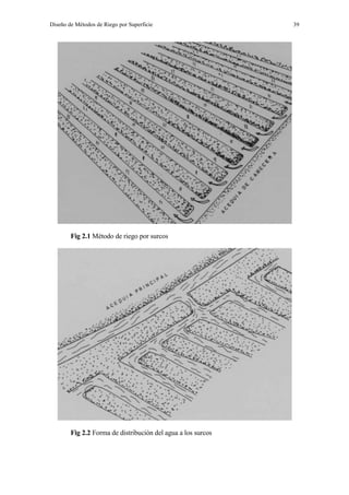 Diseño de Métodos de Riego por Superficie 39
Fig 2.1 Método de riego por surcos
Fig 2.2 Forma de distribución del agua a los surcos
 