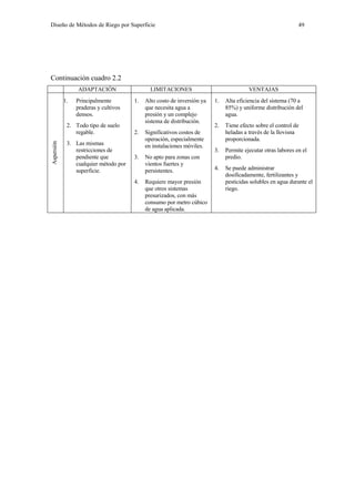 Diseño de Métodos de Riego por Superficie 49
Continuación cuadro 2.2
ADAPTACIÓN LIMITACIONES VENTAJAS
Aspersión
1. Principalmente
praderas y cultivos
densos.
2. Todo tipo de suelo
regable.
3. Las mismas
restricciones de
pendiente que
cualquier método por
superficie.
1. Alto costo de inversión ya
que necesita agua a
presión y un complejo
sistema de distribución.
2. Significativos costos de
operación, especialmente
en instalaciones móviles.
3. No apto para zonas con
vientos fuertes y
persistentes.
4. Requiere mayor presión
que otros sistemas
presurizados, con más
consumo por metro cúbico
de agua aplicada.
1. Alta eficiencia del sistema (70 a
85%) y uniforme distribución del
agua.
2. Tiene efecto sobre el control de
heladas a través de la llovisna
proporcionada.
3. Permite ejecutar otras labores en el
predio.
4. Se puede administrar
dosificadamente, fertilizantes y
pesticidas solubles en agua durante el
riego.
 