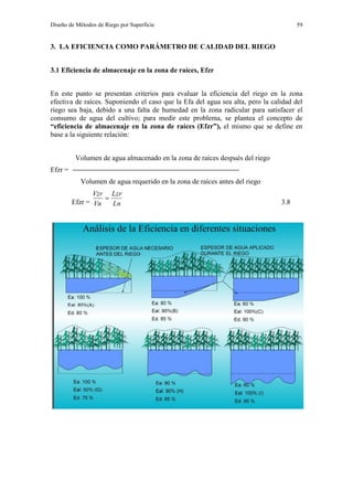 Diseño de Métodos de Riego por Superficie 59
3. LA EFICIENCIA COMO PARÁMETRO DE CALIDAD DEL RIEGO
3.1 Eficiencia de almacenaje en la zona de raíces, Efzr
En este punto se presentan criterios para evaluar la eficiencia del riego en la zona
efectiva de raíces. Suponiendo el caso que la Efa del agua sea alta, pero la calidad del
riego sea baja, debido a una falta de humedad en la zona radicular para satisfacer el
consumo de agua del cultivo; para medir este problema, se plantea el concepto de
“eficiencia de almacenaje en la zona de raíces (Efzr”), el mismo que se define en
base a la siguiente relación:
Volumen de agua almacenado en la zona de raíces después del riego
Efzr =
Volumen de agua requerido en la zona de raíces antes del riego
Efzr = Ln
Lzr
Vn
Vzr

3.8
 