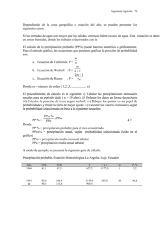 Ingeniería Agrícola 70
Dependiendo de la zona geográfica o estación del año, se pueden presentar los
siguientes casos:
Si las entradas de agua son mayor que las salidas, entonces habrá exceso de agua. Esta situación se daría
en zonas húmedas, donde los trabajos relacionados con la
El cálculo de la precipitación probable (PP%) puede hacerse numérica o gráficamente.
Para el método gráfico, las ecuaciones que permiten graficar la posición de probabilidad
son:
a. Ecuación de California: P = n
m
b. Ecuación de Weibull : P = 1n
m
c. Ecuación de Hazen : P = n
m
2
12 
Donde m = número de orden ( 1,2 ,3, .................. n)
El procedimiento de cálculo es el siguiente: i) Tabular las precipitaciones mensuales
anuales para un período dado ( n > 10 años). ii) Ordenar los datos en forma decreciente
iii) Calcular la posición de trazo según weibull. iv) Dibujar los puntos en un papel de
probabilidades y trazar la recta de mejor ajuste. v) Calcular los valores mensuales según
la probabilidad seleccionada en base a la siguiente ecuación:
PP % =
xPPm
PPa
PPxx%
4.2
Donde:
PP % = precipitación probable para el mes considerado
PPxx% = precipitación anual, según probabilidad seleccionada (leída en el
gráfico)
PPm = precipitación media mensual tabular
PPa = precipitación media anual tabular
A modo de ejemplo, se presenta la siguiente guía de cálculo:
Precipitación probable, Estación Meteorológica La Argelia, Loja–Ecuador
Año ENE FEB  > a < m P, %
1964 41,1 47,5 657,2 1177,0 1 3,2
1993 85,4 105,4 1149,6 555,0 30 96,8
 90,3 113,8 909,4
 