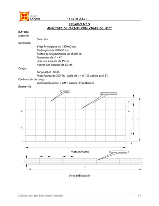SAP2000 - TEXTO GUIA -
Elaborado por: Aldo Armin Sarzuri Fernandez. 45
EJEMPLO N° 9
ANÁLISIS DE PUENTE CON VIGAS DE H°P°
DATOS:
Material:
Concreto
Secciones:
Vigas Principales de 180x60 cm.
Diafragmas de 100x30 cm
Postes de los pasamanos de 15x15 cm.
Pasamanos de Ø = 4”.
Losa con espesor de 15 cm.
Aceras con espesor de 12 cm.
Cargas:
Carga Móvil Hsn44.
Preesfuerzo de 150 Tn. Cable de Ø = 6” (12 cables de 0.5”)
Combinación de carga:
Combinación única = CM + CMovil + Preesfuerzo
Geometría:
Vista en Planta
Vista en Elevación
Postes y pasamanos
Vigas principales
Aceras
 