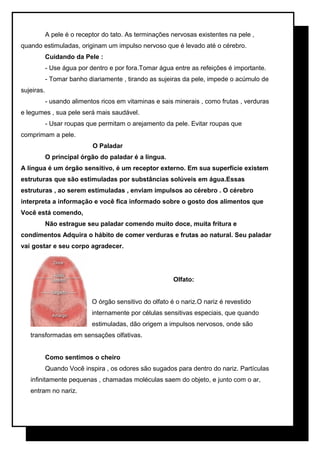 A pele é o receptor do tato. As terminações nervosas existentes na pele ,
quando estimuladas, originam um impulso nervoso que é levado até o cérebro.
Cuidando da Pele :
- Use água por dentro e por fora.Tomar água entre as refeições é importante.
- Tomar banho diariamente , tirando as sujeiras da pele, impede o acúmulo de
sujeiras.
- usando alimentos ricos em vitaminas e sais minerais , como frutas , verduras
e legumes , sua pele será mais saudável.
- Usar roupas que permitam o arejamento da pele. Evitar roupas que
comprimam a pele.
O Paladar
O principal órgão do paladar é a língua.
A língua é um órgão sensitivo, é um receptor externo. Em sua superfície existem
estruturas que são estimuladas por substâncias solúveis em água.Essas
estruturas , ao serem estimuladas , enviam impulsos ao cérebro . O cérebro
interpreta a informação e você fica informado sobre o gosto dos alimentos que
Você está comendo,
Não estrague seu paladar comendo muito doce, muita fritura e
condimentos Adquira o hábito de comer verduras e frutas ao natural. Seu paladar
vai gostar e seu corpo agradecer.

Olfato:
O órgão sensitivo do olfato é o nariz.O nariz é revestido
internamente por células sensitivas especiais, que quando
estimuladas, dão origem a impulsos nervosos, onde são
transformadas em sensações olfativas.
Como sentimos o cheiro
Quando Você inspira , os odores são sugados para dentro do nariz. Partículas
infinitamente pequenas , chamadas moléculas saem do objeto, e junto com o ar,
entram no nariz.

 