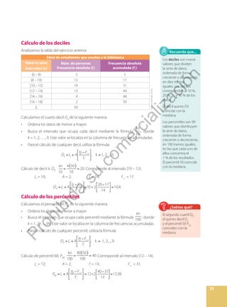 35
Cálculo de los deciles
Analizamos la tabla del ejercicio anterior.
Edad de estudiantes que acuden a la biblioteca
Edad en años
Intervalos (x)
Núm. de personas
Frecuencia absoluta (fi
)
Frecuencia absoluta
acumulada (Fi
)
[6 – 8) 5 5
[8 – 10) 12 17
[10 – 12) 14 31
[12 – 14) 13 44
[14 – 16) 4 48
[16 – 18) 2 50
∑ 50
Calculamos el cuarto decil D4
de la siguiente manera:
• Ordena los datos de menor a mayor.
• Busca el intervalo que ocupa cada decil mediante la fórmula
kn
10
, donde
k = 1, 2, …, 9. Este valor se localiza en la columna de frecuencias acumuladas.
• Para el cálculo de cualquier decil, utiliza la fórmula:
Dk = =
Li +A
kn
10 Fi 1
fi
, k 1, 2, ...,9.
Cálculo de decil 4. D4
.
( )
= =
kn
10
4 50
10
20. Corresponde al intervalo [10 – 12).
Li
= 10;		 A = 2; 		 fi
= 14; Fi-1
= 17.
D4 = = =
Li +A
kn
10 Fi 1
fi
10+2
20 17
14
10,4.
Cálculo de los percentiles
Calculamos el percentil 80 P80
de la siguiente manera:
• Ordena los datos de menor a mayor.
• Busca el intervalo que ocupa cada percentil mediante la fórmula
kn
100
, donde
k = 1, 2, …, 99. Este valor se localiza en la columna de frecuencias acumuladas.
• Para el cálculo de cualquier percentil, utiliza la fórmula:
Dk =Li +A
kn
10 Fi 1
fi
, k = 1, 2,...,9.
Cálculo de percentil 80. P80
.
( )
= =
kn
100
80 50
100
40. Corresponde al intervalo [12 – 14).
Li
= 12;		 A = 2; 		 fi
= 13; 		 Fi-1
= 31.
P80 = = =
Li +A
kn
100 Fi 1
fi
12+2
40 31
13
13,38.
Los deciles son nueve
valores que dividen
la serie de datos,
ordenada de forma
creciente o decreciente,
en diez tramos
iguales. Los deciles
corresponden al 10 %,
20 %, … y 90 % de los
datos.
El decil quinto D5
coincide con la
mediana.
Los percentiles son 99
valores que distribuyen
la serie de datos,
ordenada de forma
creciente o decreciente,
en 100 tramos iguales,
en los que cada uno de
ellos concentra el
1 % de los resultados.
El percentil 50 coincide
con la mediana.
Recuerda que...
El segundo cuartil Q2
,
el quinto decil D5
y el percentil 50 P50
coinciden con la
mediana.
¿Sabías qué?
Archivo
Editorial,
(2020).
P
r
o
h
i
b
i
d
a
s
u
c
o
m
e
r
c
i
a
l
i
z
a
c
i
ó
n
 