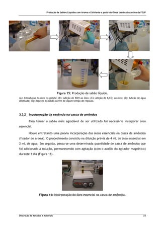 Produção de Sabões Líquidos com Aroma e Esfoliante a partir de Óleos Usados da cantina da FEUP
Descrição de Métodos e Materiais 25
Figura 15: Produção de sabão líquido.
(A): Introdução do óleo no gobelé; (B): Adição de KOH ao óleo; (C): Adição de K2CO3 ao óleo; (D): Adição de água
destilada; (E): Aspecto do sabão ao fim de algum tempo de repouso.
3.3.2 Incorporação da essência na casca de amêndoa
Para tornar o sabão mais agradável de ser utilizado foi necessário incorporar óleo
essencial.
Houve entretanto uma prévia incorporação dos óleos essenciais na casca de amêndoa
(fixador de aroma). O procedimento consistiu na diluição prévia de 4 mL de óleo essencial em
2 mL de água. Em seguida, pesou-se uma determinada quantidade de casca de amêndoa que
foi adicionado à solução, permanecendo com agitação (com o auxílio do agitador magnético)
durante 1 dia (Figura 16).
Figura 16: Incorporação do óleo essencial na casca de amêndoa.
A B C
D
E
 