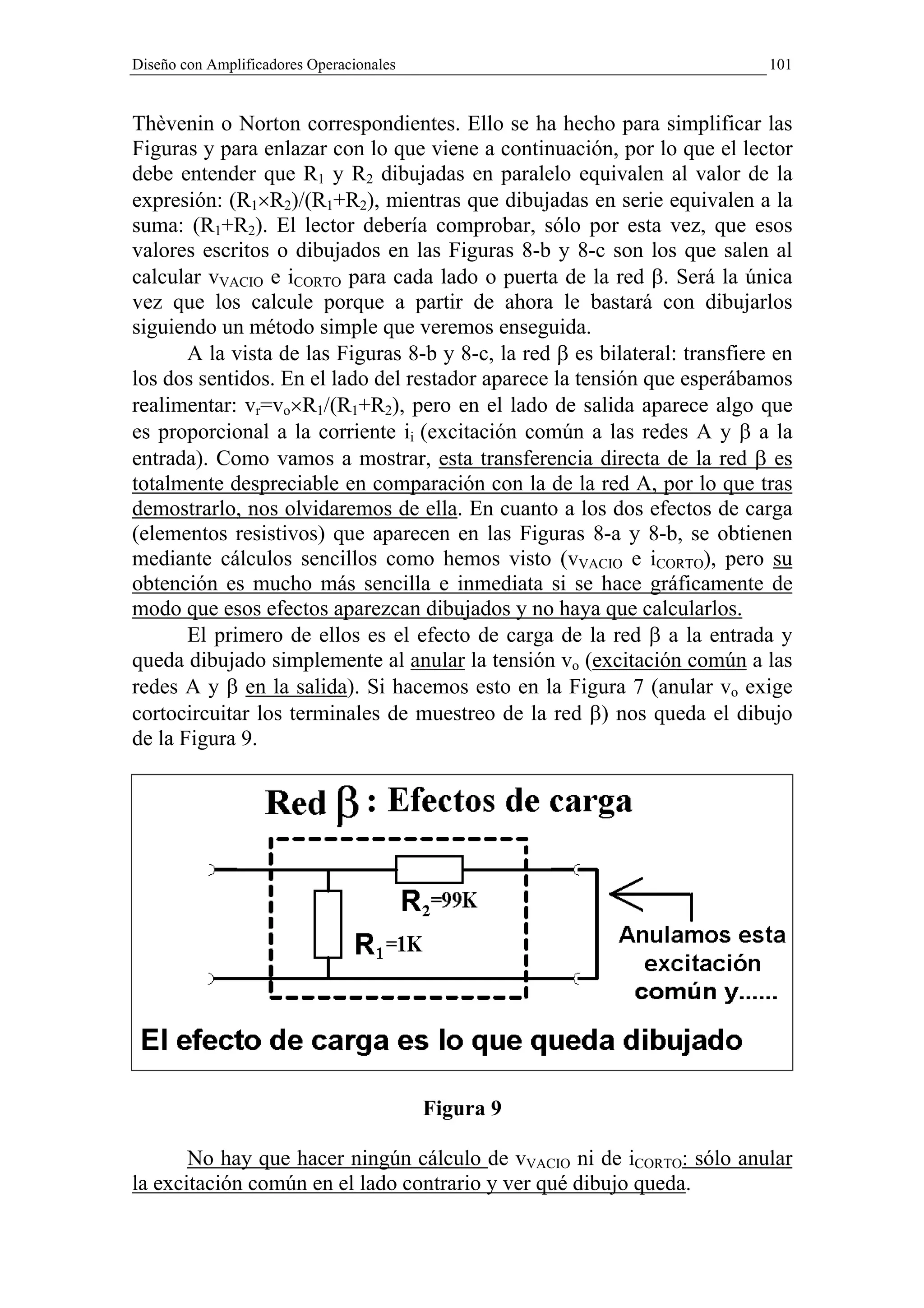 Diseño con Amplificadores Operacionales                                      101


Thèvenin o Norton correspondientes. Ello se ha hecho para simplificar las
Figuras y para enlazar con lo que viene a continuación, por lo que el lector
debe entender que R1 y R2 dibujadas en paralelo equivalen al valor de la
expresión: (R1×R2)/(R1+R2), mientras que dibujadas en serie equivalen a la
suma: (R1+R2). El lector debería comprobar, sólo por esta vez, que esos
valores escritos o dibujados en las Figuras 8-b y 8-c son los que salen al
calcular vVACIO e iCORTO para cada lado o puerta de la red β. Será la única
vez que los calcule porque a partir de ahora le bastará con dibujarlos
siguiendo un método simple que veremos enseguida.
       A la vista de las Figuras 8-b y 8-c, la red β es bilateral: transfiere en
los dos sentidos. En el lado del restador aparece la tensión que esperábamos
realimentar: vr=vo×R1/(R1+R2), pero en el lado de salida aparece algo que
es proporcional a la corriente ii (excitación común a las redes A y β a la
entrada). Como vamos a mostrar, esta transferencia directa de la red β es
totalmente despreciable en comparación con la de la red A, por lo que tras
demostrarlo, nos olvidaremos de ella. En cuanto a los dos efectos de carga
(elementos resistivos) que aparecen en las Figuras 8-a y 8-b, se obtienen
mediante cálculos sencillos como hemos visto (vVACIO e iCORTO), pero su
obtención es mucho más sencilla e inmediata si se hace gráficamente de
modo que esos efectos aparezcan dibujados y no haya que calcularlos.
       El primero de ellos es el efecto de carga de la red β a la entrada y
queda dibujado simplemente al anular la tensión vo (excitación común a las
redes A y β en la salida). Si hacemos esto en la Figura 7 (anular vo exige
cortocircuitar los terminales de muestreo de la red β) nos queda el dibujo
de la Figura 9.




                                          Figura 9

       No hay que hacer ningún cálculo de vVACIO ni de iCORTO: sólo anular
la excitación común en el lado contrario y ver qué dibujo queda.
 