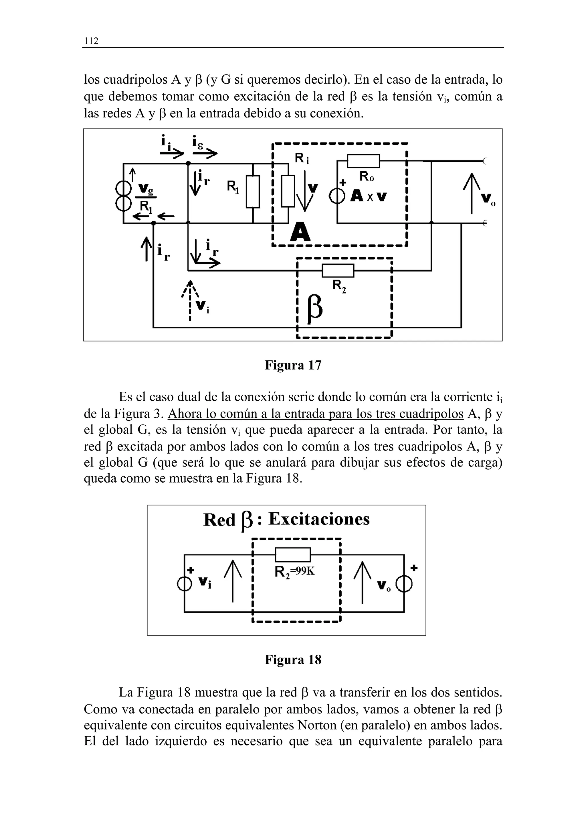 112



los cuadripolos A y β (y G si queremos decirlo). En el caso de la entrada, lo
que debemos tomar como excitación de la red β es la tensión vi, común a
las redes A y β en la entrada debido a su conexión.




                                 Figura 17

       Es el caso dual de la conexión serie donde lo común era la corriente ii
de la Figura 3. Ahora lo común a la entrada para los tres cuadripolos A, β y
el global G, es la tensión vi que pueda aparecer a la entrada. Por tanto, la
red β excitada por ambos lados con lo común a los tres cuadripolos A, β y
el global G (que será lo que se anulará para dibujar sus efectos de carga)
queda como se muestra en la Figura 18.




                                 Figura 18

      La Figura 18 muestra que la red β va a transferir en los dos sentidos.
Como va conectada en paralelo por ambos lados, vamos a obtener la red β
equivalente con circuitos equivalentes Norton (en paralelo) en ambos lados.
El del lado izquierdo es necesario que sea un equivalente paralelo para
 