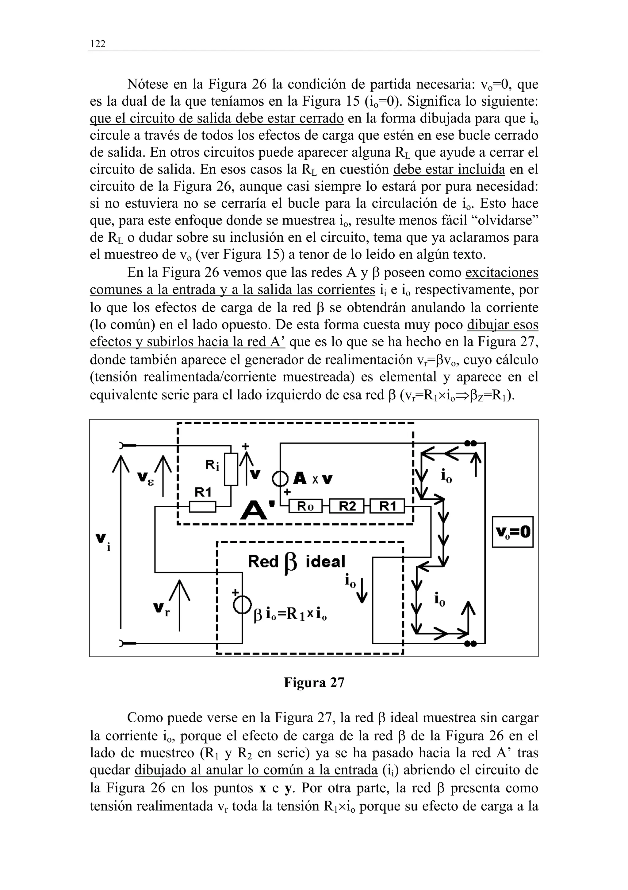 122


       Nótese en la Figura 26 la condición de partida necesaria: vo=0, que
es la dual de la que teníamos en la Figura 15 (io=0). Significa lo siguiente:
que el circuito de salida debe estar cerrado en la forma dibujada para que io
circule a través de todos los efectos de carga que estén en ese bucle cerrado
de salida. En otros circuitos puede aparecer alguna RL que ayude a cerrar el
circuito de salida. En esos casos la RL en cuestión debe estar incluida en el
circuito de la Figura 26, aunque casi siempre lo estará por pura necesidad:
si no estuviera no se cerraría el bucle para la circulación de io. Esto hace
que, para este enfoque donde se muestrea io, resulte menos fácil “olvidarse”
de RL o dudar sobre su inclusión en el circuito, tema que ya aclaramos para
el muestreo de vo (ver Figura 15) a tenor de lo leído en algún texto.
       En la Figura 26 vemos que las redes A y β poseen como excitaciones
comunes a la entrada y a la salida las corrientes ii e io respectivamente, por
lo que los efectos de carga de la red β se obtendrán anulando la corriente
(lo común) en el lado opuesto. De esta forma cuesta muy poco dibujar esos
efectos y subirlos hacia la red A’ que es lo que se ha hecho en la Figura 27,
donde también aparece el generador de realimentación vr=βvo, cuyo cálculo
(tensión realimentada/corriente muestreada) es elemental y aparece en el
equivalente serie para el lado izquierdo de esa red β (vr=R1×io⇒βZ=R1).




                                 Figura 27

       Como puede verse en la Figura 27, la red β ideal muestrea sin cargar
la corriente io, porque el efecto de carga de la red β de la Figura 26 en el
lado de muestreo (R1 y R2 en serie) ya se ha pasado hacia la red A’ tras
quedar dibujado al anular lo común a la entrada (ii) abriendo el circuito de
la Figura 26 en los puntos x e y. Por otra parte, la red β presenta como
tensión realimentada vr toda la tensión R1×io porque su efecto de carga a la
 