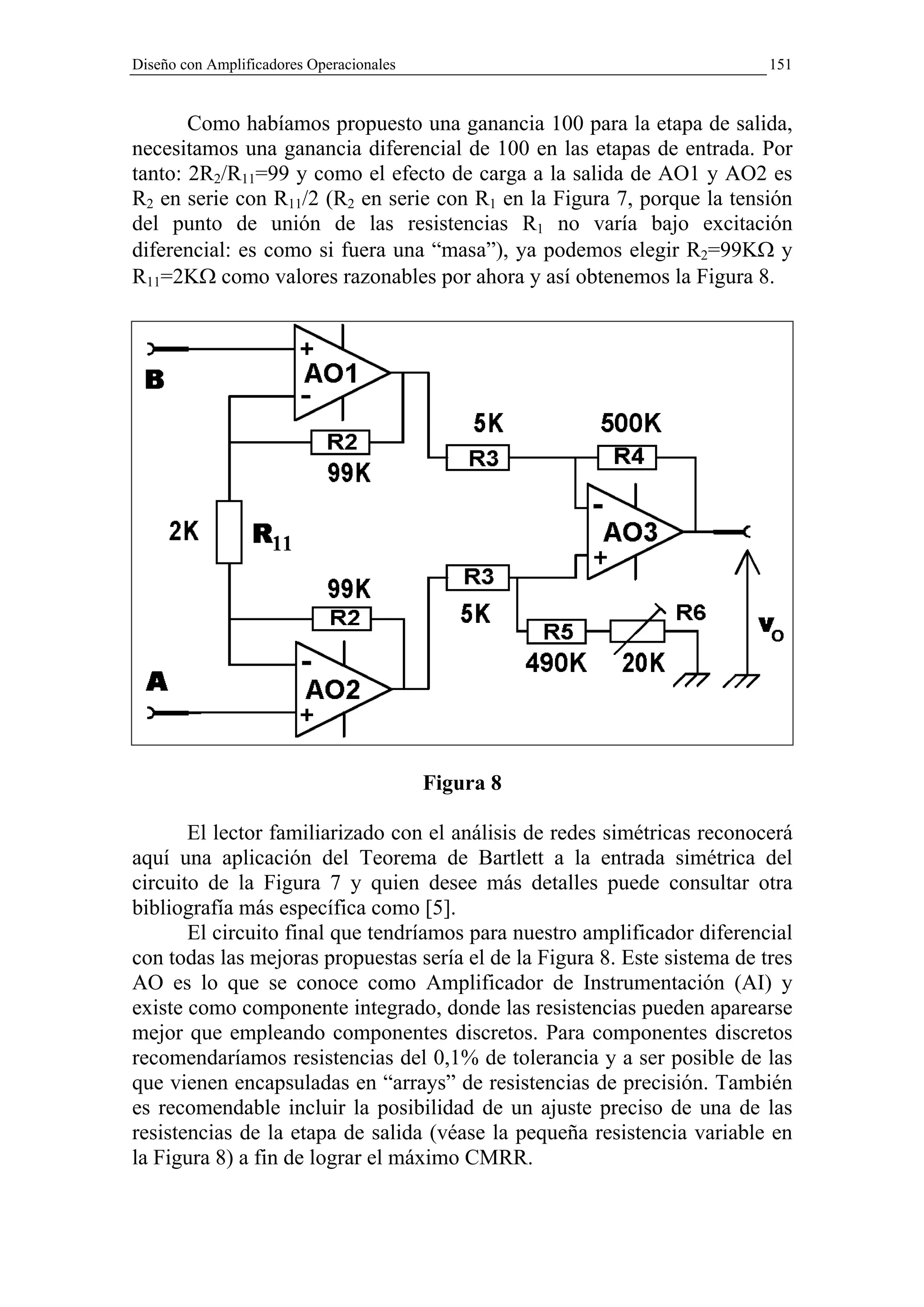 Diseño con Amplificadores Operacionales                                    151


       Como habíamos propuesto una ganancia 100 para la etapa de salida,
necesitamos una ganancia diferencial de 100 en las etapas de entrada. Por
tanto: 2R2/R11=99 y como el efecto de carga a la salida de AO1 y AO2 es
R2 en serie con R11/2 (R2 en serie con R1 en la Figura 7, porque la tensión
del punto de unión de las resistencias R1 no varía bajo excitación
diferencial: es como si fuera una “masa”), ya podemos elegir R2=99KΩ y
R11=2KΩ como valores razonables por ahora y así obtenemos la Figura 8.




                                          Figura 8

       El lector familiarizado con el análisis de redes simétricas reconocerá
aquí una aplicación del Teorema de Bartlett a la entrada simétrica del
circuito de la Figura 7 y quien desee más detalles puede consultar otra
bibliografía más específica como [5].
       El circuito final que tendríamos para nuestro amplificador diferencial
con todas las mejoras propuestas sería el de la Figura 8. Este sistema de tres
AO es lo que se conoce como Amplificador de Instrumentación (AI) y
existe como componente integrado, donde las resistencias pueden aparearse
mejor que empleando componentes discretos. Para componentes discretos
recomendaríamos resistencias del 0,1% de tolerancia y a ser posible de las
que vienen encapsuladas en “arrays” de resistencias de precisión. También
es recomendable incluir la posibilidad de un ajuste preciso de una de las
resistencias de la etapa de salida (véase la pequeña resistencia variable en
la Figura 8) a fin de lograr el máximo CMRR.
 