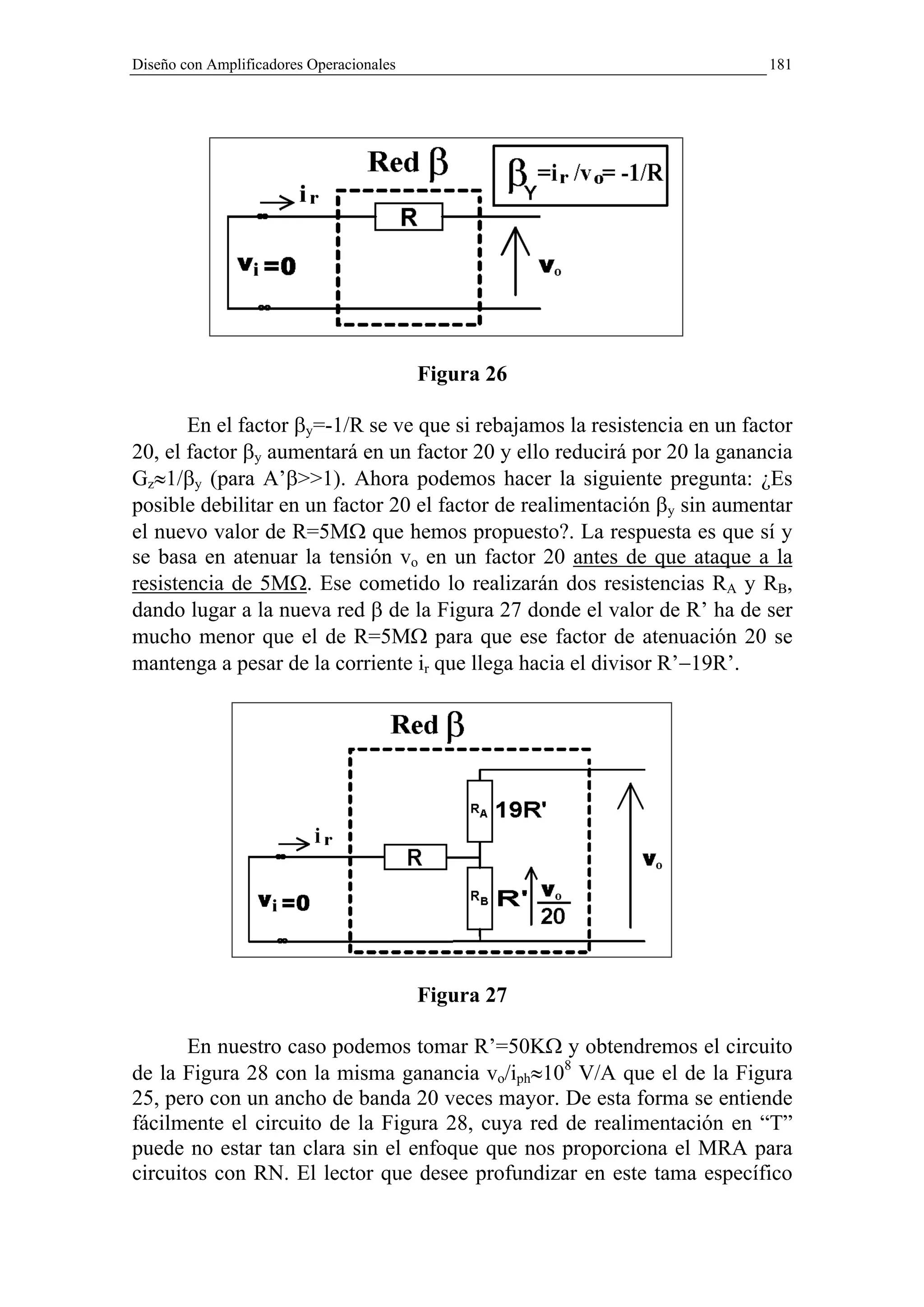 Diseño con Amplificadores Operacionales                                    181




                                          Figura 26

       En el factor βy=-1/R se ve que si rebajamos la resistencia en un factor
20, el factor βy aumentará en un factor 20 y ello reducirá por 20 la ganancia
Gz≈1/βy (para A’β>>1). Ahora podemos hacer la siguiente pregunta: ¿Es
posible debilitar en un factor 20 el factor de realimentación βy sin aumentar
el nuevo valor de R=5MΩ que hemos propuesto?. La respuesta es que sí y
se basa en atenuar la tensión vo en un factor 20 antes de que ataque a la
resistencia de 5MΩ. Ese cometido lo realizarán dos resistencias RA y RB,
dando lugar a la nueva red β de la Figura 27 donde el valor de R’ ha de ser
mucho menor que el de R=5MΩ para que ese factor de atenuación 20 se
mantenga a pesar de la corriente ir que llega hacia el divisor R’−19R’.




                                          Figura 27

       En nuestro caso podemos tomar R’=50KΩ y obtendremos el circuito
de la Figura 28 con la misma ganancia vo/iph≈108 V/A que el de la Figura
25, pero con un ancho de banda 20 veces mayor. De esta forma se entiende
fácilmente el circuito de la Figura 28, cuya red de realimentación en “T”
puede no estar tan clara sin el enfoque que nos proporciona el MRA para
circuitos con RN. El lector que desee profundizar en este tama específico
 